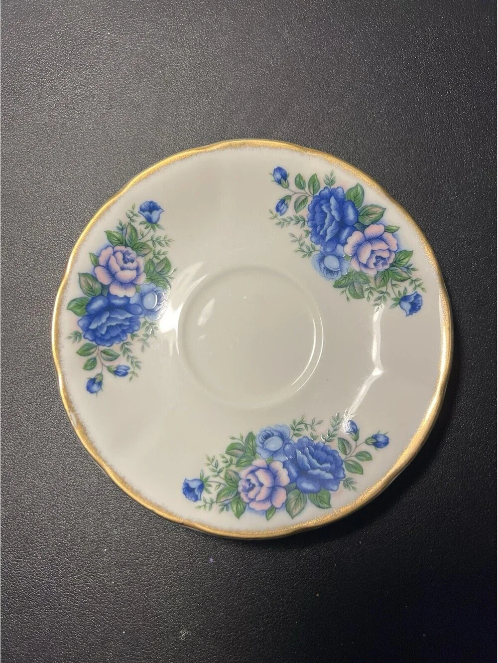 Robinson Design 1989 Orphan Saucer English Garden Blue Lavender Roses, 5.5”